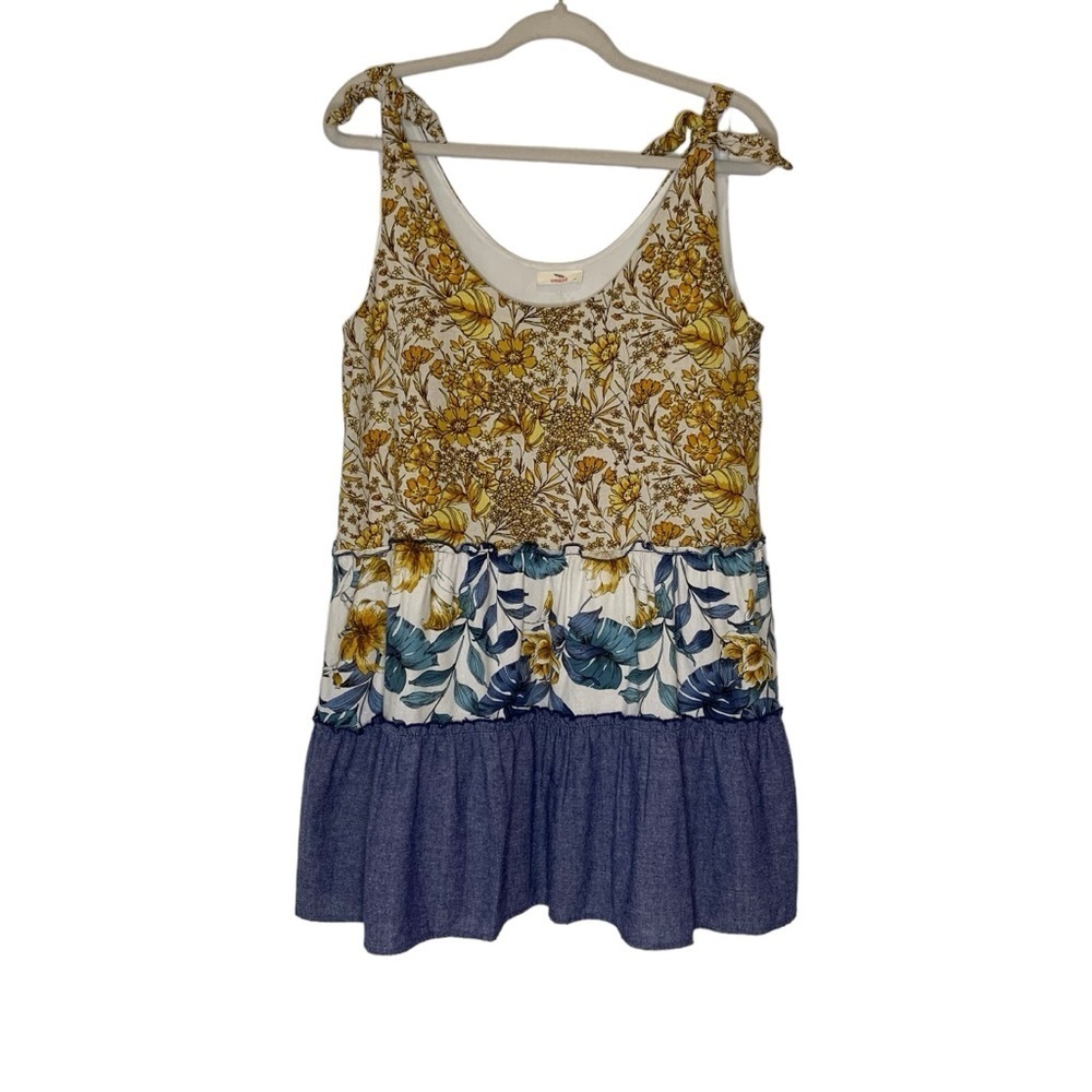 Hummingbird rayon/linen yellow & blue floral tiered boho‎ tunic/dress. Size M